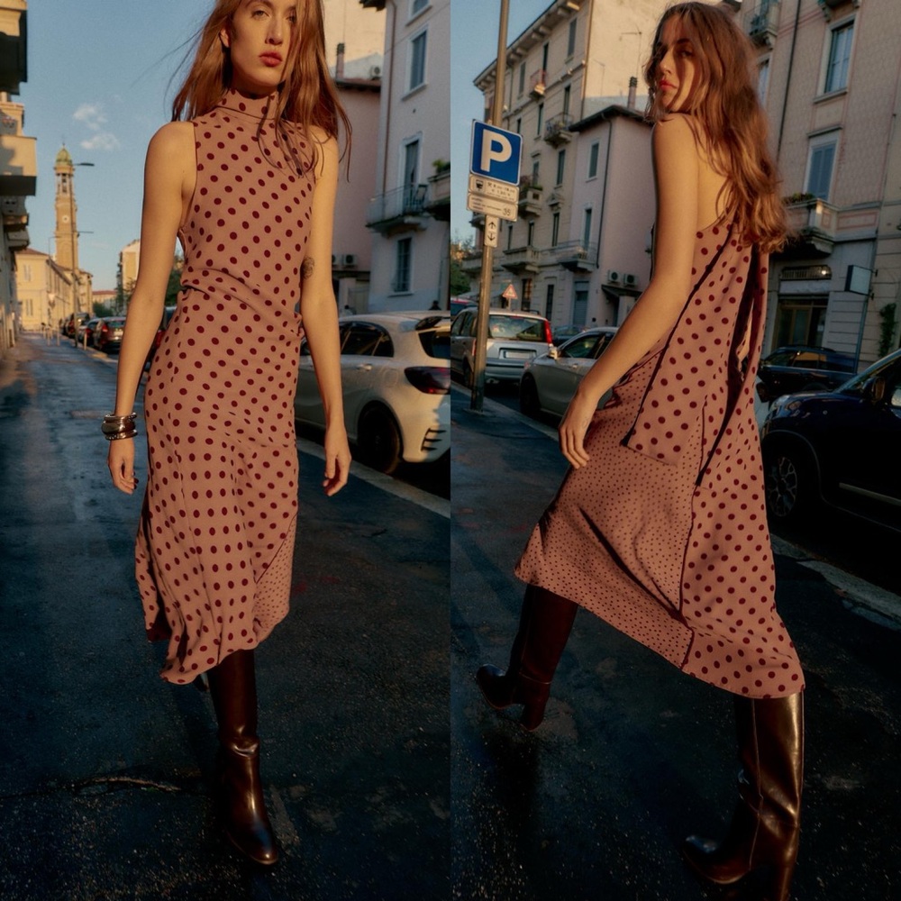 Zara Polka dot midi dress with a bow tie halter neck size XS NWT 5029/219 toffee